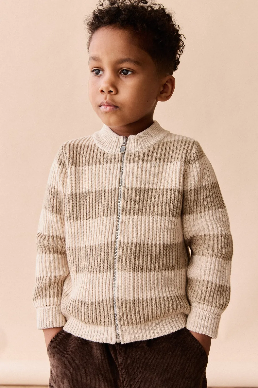 Idris Knit Zip Cardigan - Wide Stripe Rye/Buff