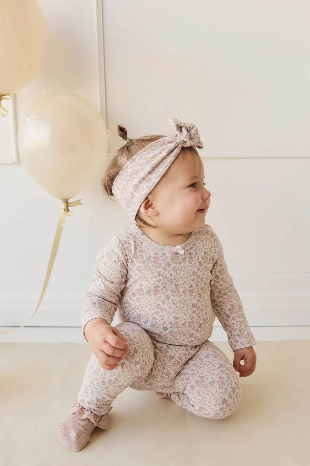 Organic Cotton Long Sleeve Bodysuit - Amber Floral Lilac Ash