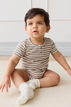 Organic Cotton Modal Darcy Rib Tee Bodysuit - Narrow Stripe Tweed/Cloud