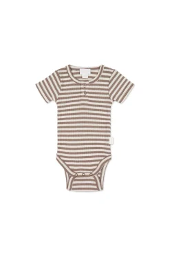 Organic Cotton Modal Darcy Rib Tee Bodysuit - Narrow Stripe Tweed/Cloud