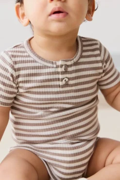 Organic Cotton Modal Darcy Rib Tee Bodysuit - Narrow Stripe Tweed/Cloud
