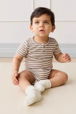 Organic Cotton Modal Darcy Rib Tee Bodysuit - Narrow Stripe Tweed/Cloud