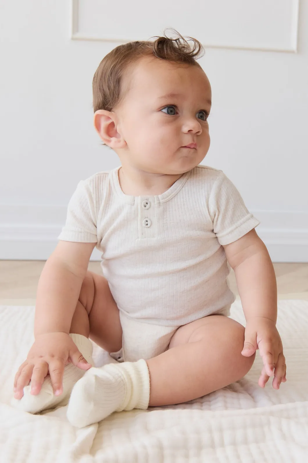Organic Cotton Modal Darcy Rib Tee Bodysuit - Oatmeal Marle