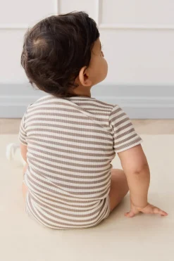 Organic Cotton Modal Darcy Rib Tee Bodysuit - Narrow Stripe Tweed/Cloud
