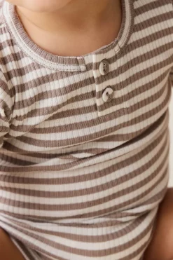 Organic Cotton Modal Darcy Rib Tee Bodysuit - Narrow Stripe Tweed/Cloud