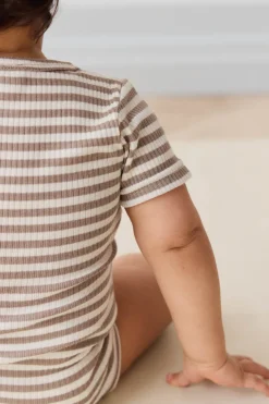 Organic Cotton Modal Darcy Rib Tee Bodysuit - Narrow Stripe Tweed/Cloud
