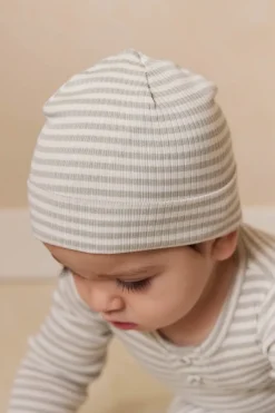 Organic Cotton Modal Lennon Beanie - Narrow Stripe Moss/Cloud