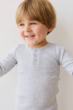 Organic Cotton Modal Long Sleeve Henley - Light Grey Marle