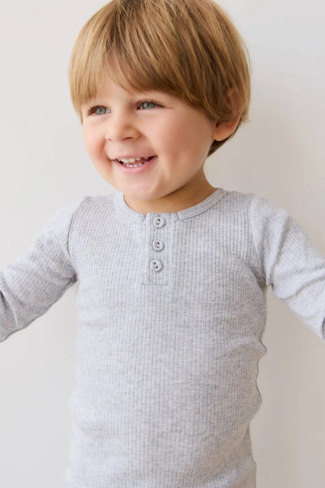 Organic Cotton Modal Long Sleeve Henley - Light Grey Marle