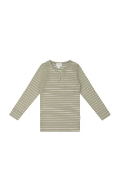 Organic Cotton Modal Long Sleeve Henley - Cashew/Cloud Stripe