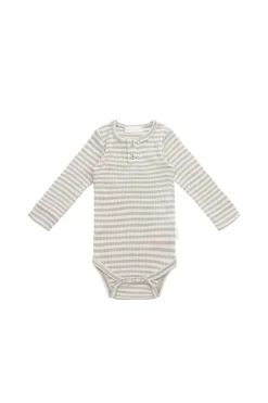 Organic Cotton Modal Long Sleeve Bodysuit - Narrow Stripe Gazelle/Oat