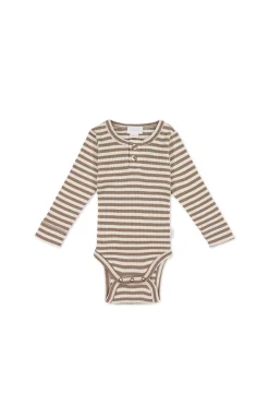Organic Cotton Modal Long Sleeve Bodysuit - Narrow Stripe Tweed/Cloud