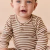 Organic Cotton Modal Long Sleeve Bodysuit - Narrow Stripe Thatch/Buff