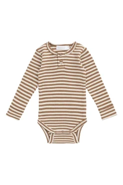 Organic Cotton Modal Long Sleeve Bodysuit - Narrow Stripe Thatch/Buff
