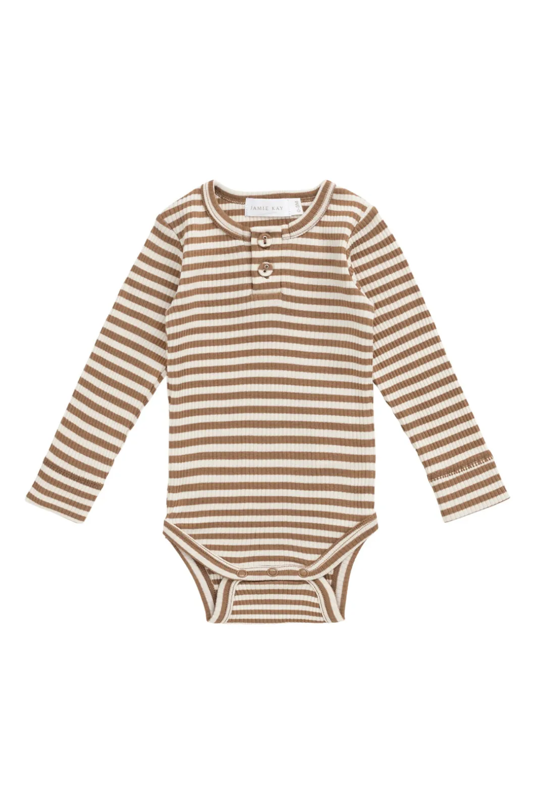 Organic Cotton Modal Long Sleeve Bodysuit - Narrow Stripe Thatch/Buff