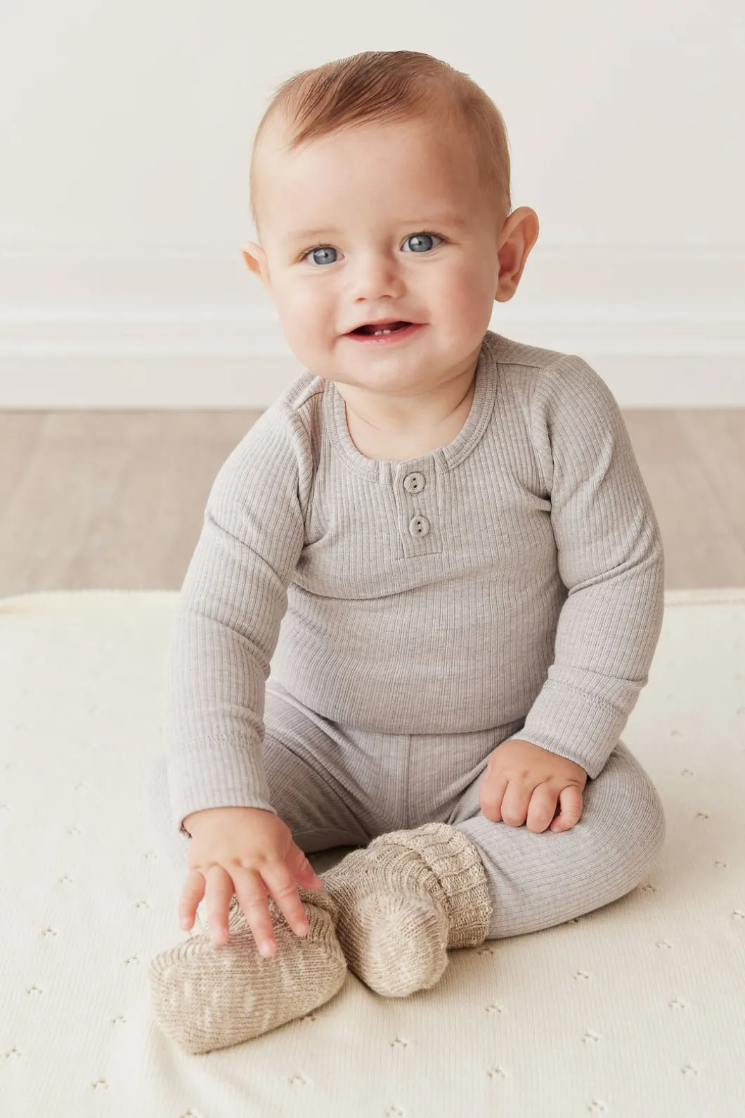 Organic Cotton Modal Long Sleeve Bodysuit - Icicle Marle