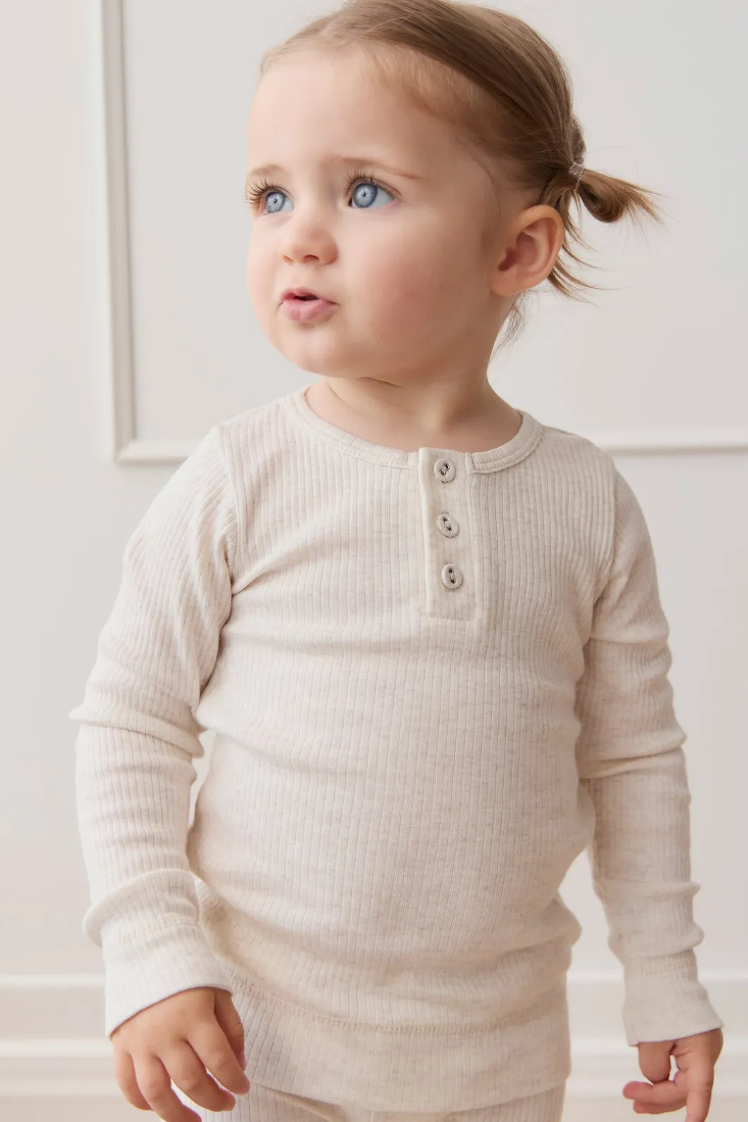 Organic Cotton Modal Long Sleeve Henley - Oatmeal Marle