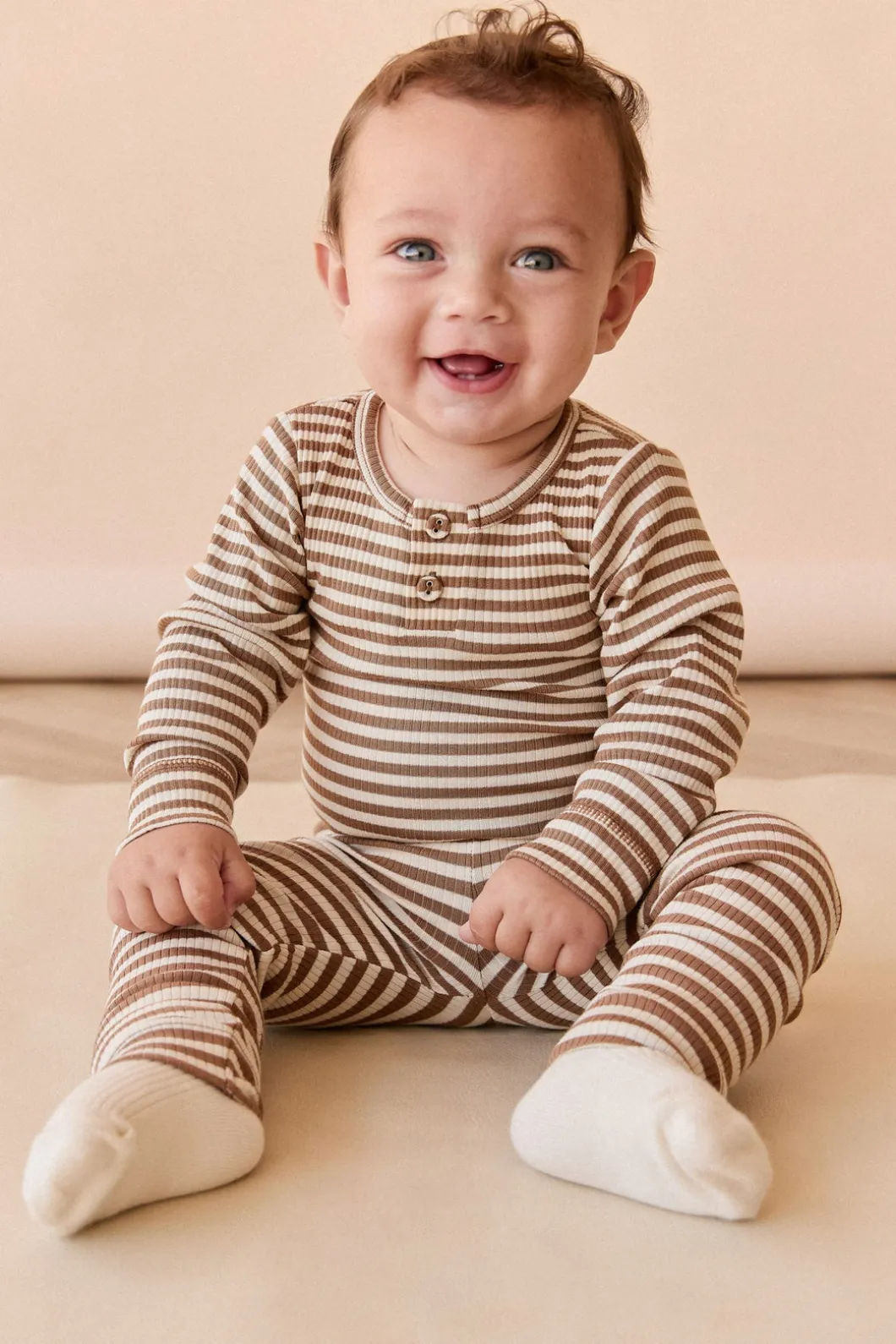 Organic Cotton Modal Long Sleeve Bodysuit - Narrow Stripe Thatch/Buff
