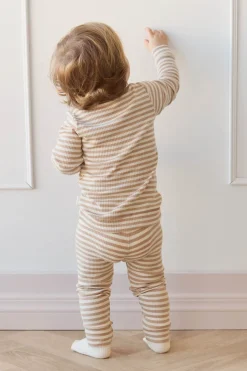 Organic Cotton Modal Long Sleeve Henley  - Narrow Stripe Baker/Cloud