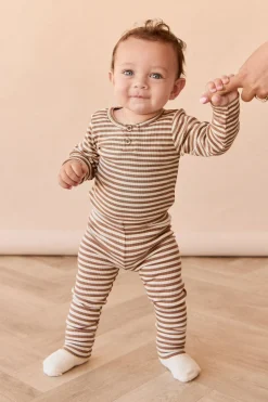 Organic Cotton Modal Long Sleeve Bodysuit - Narrow Stripe Thatch/Buff