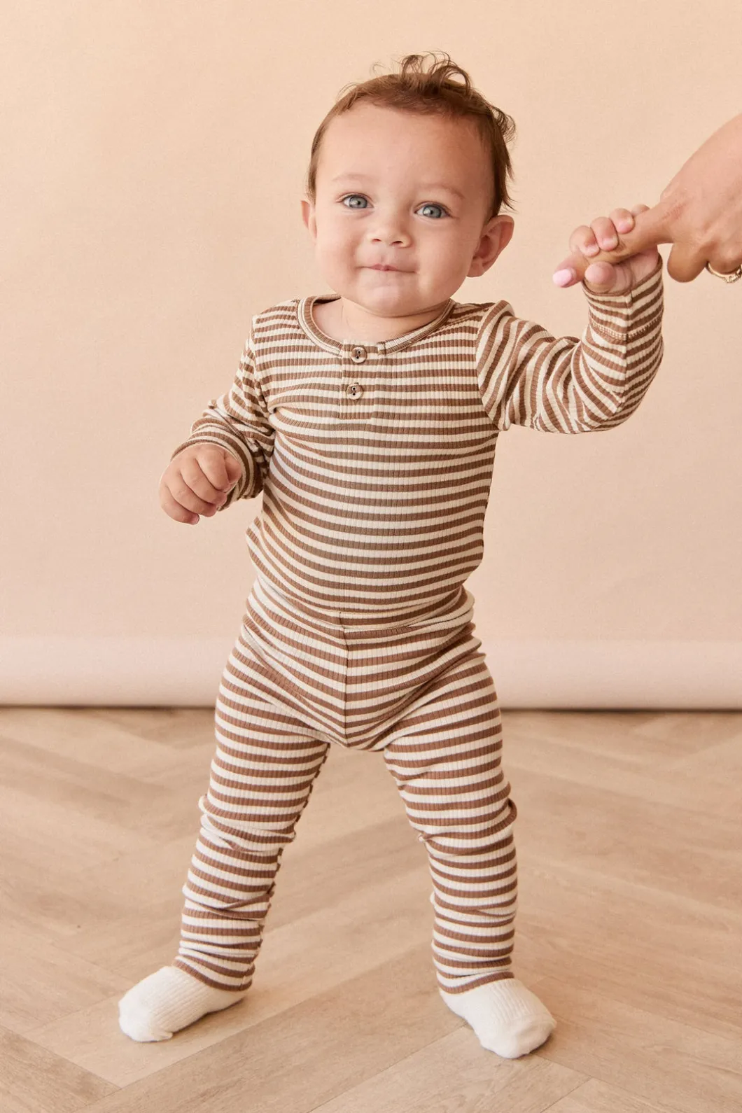 Organic Cotton Modal Long Sleeve Bodysuit - Narrow Stripe Thatch/Buff