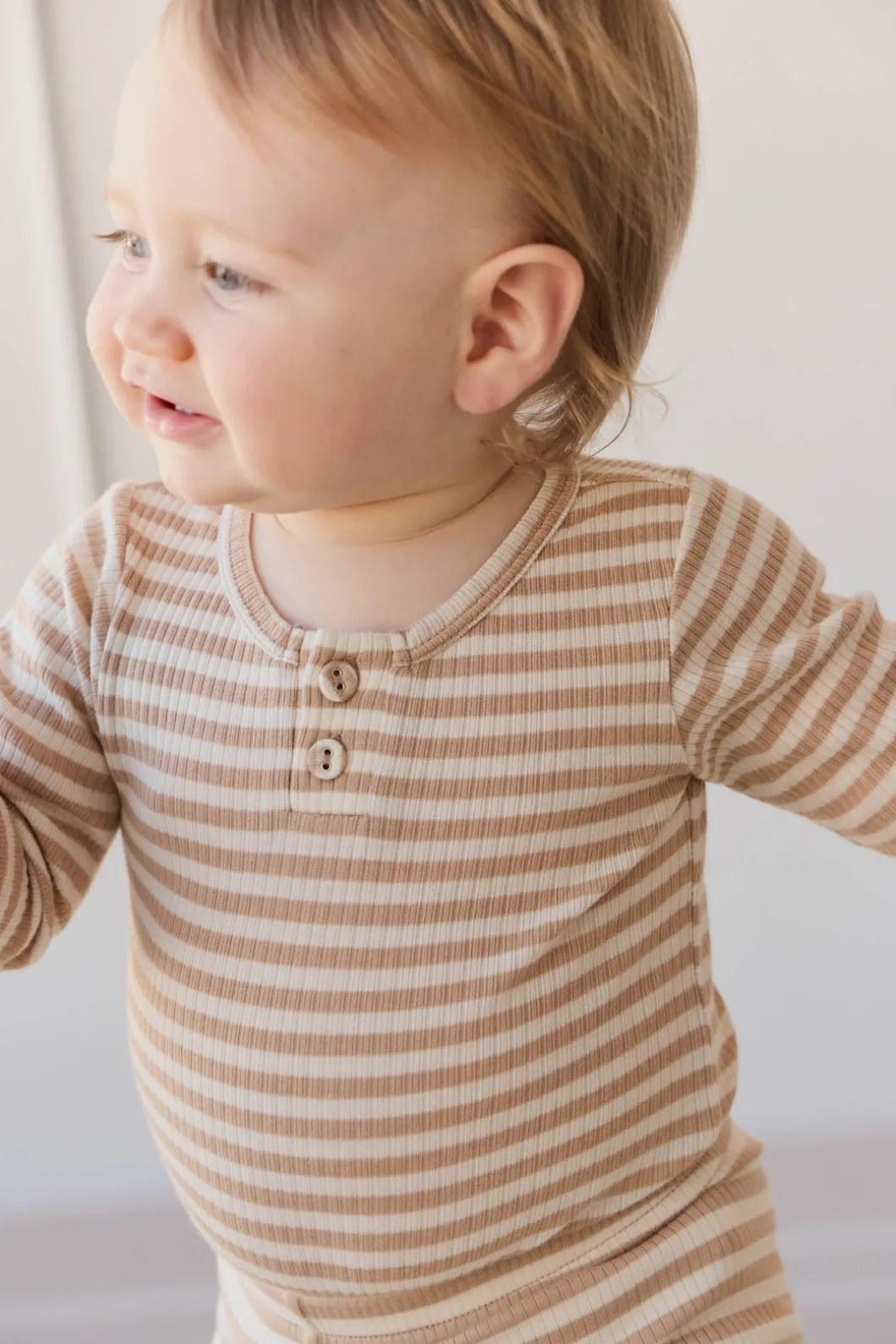 Organic Cotton Modal Long Sleeve Bodysuit - Narrow Stripe Baker/Cloud