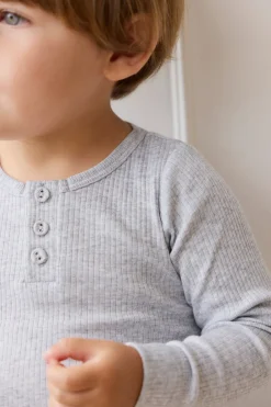 Organic Cotton Modal Long Sleeve Henley - Light Grey Marle
